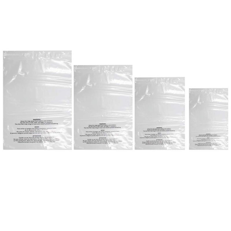Belinlen 400 Count Combo Pack Warning Bags - 6x9, 8x10, 9x12, 11x14 Inch Self Seal Clear Poly Bags with Suffocation Warning with Permanent Adhesive, Strong Adhesive, Not Resealable (1.5mil) - Image 1