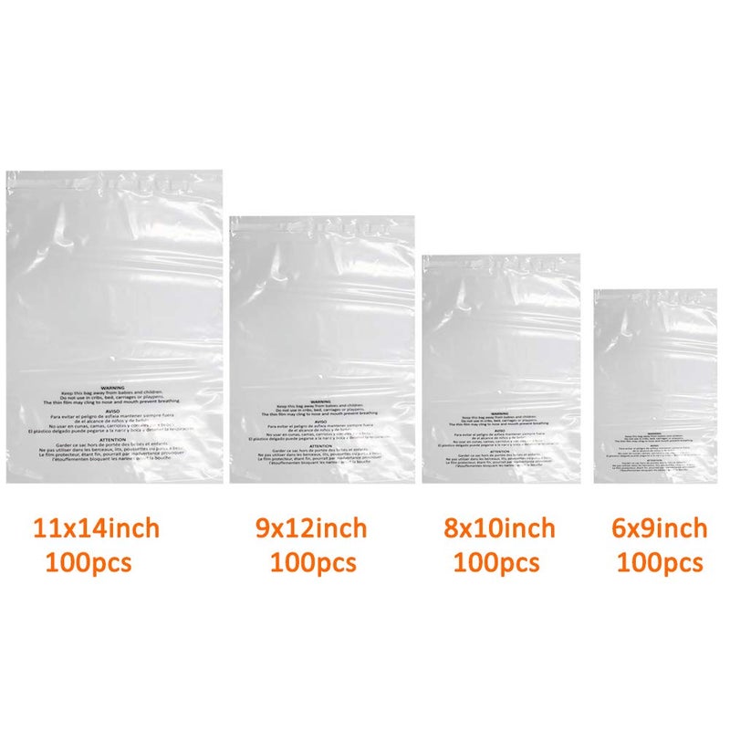 Belinlen 400 Count Combo Pack Warning Bags - 6x9, 8x10, 9x12, 11x14 Inch Self Seal Clear Poly Bags with Suffocation Warning with Permanent Adhesive, Strong Adhesive, Not Resealable (1.5mil) - Image 3