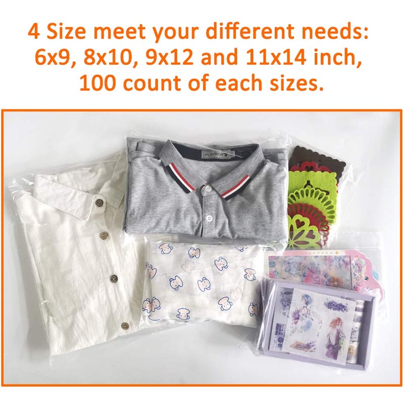 Belinlen 400 Count Combo Pack Warning Bags - 6x9, 8x10, 9x12, 11x14 Inch Self Seal Clear Poly Bags with Suffocation Warning with Permanent Adhesive, Strong Adhesive, Not Resealable (1.5mil) - Image 4