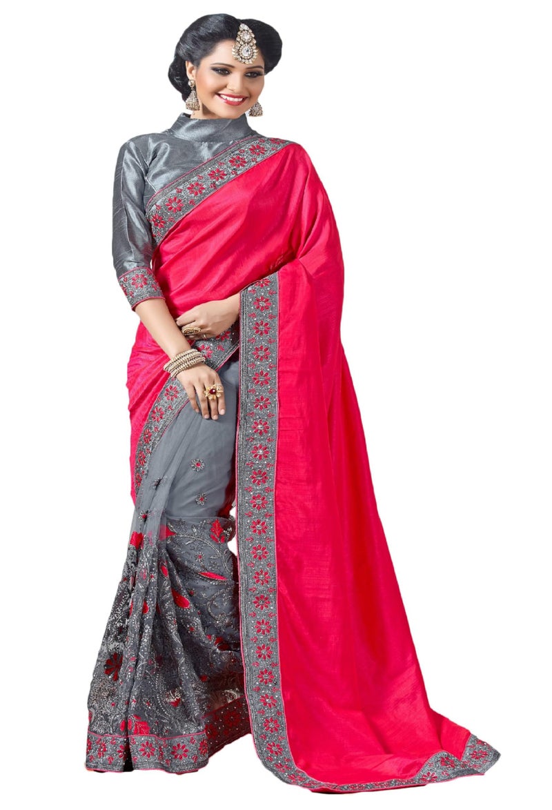Jaffix Sarees for women - Women’s Trendy Embroidery Work in Lace Georgette Saree for Wedding Perfect for Festive and Special Occasions with Unstitched Blouse Piece (nena pink) - Image 1