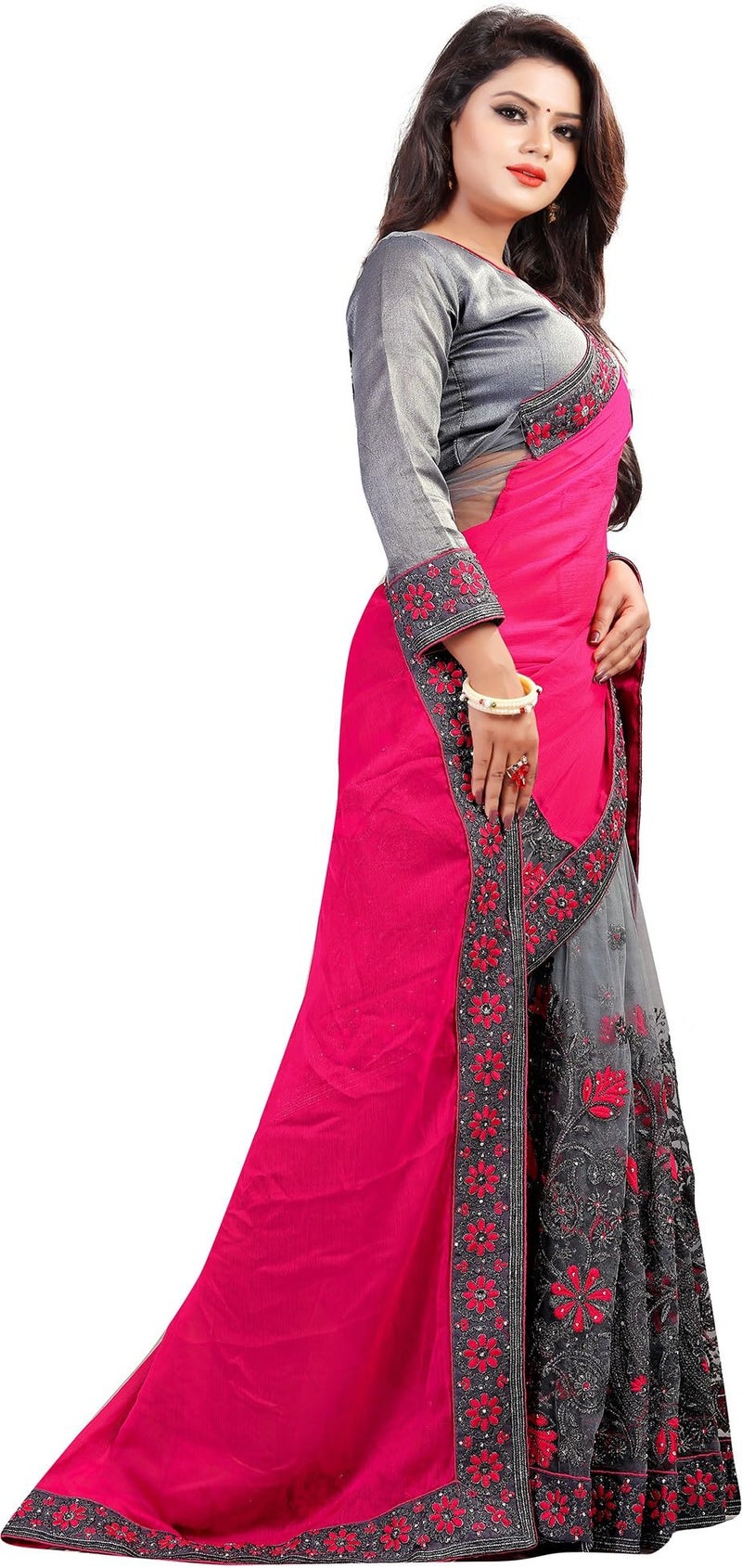 Jaffix Sarees for women - Women’s Trendy Embroidery Work in Lace Georgette Saree for Wedding Perfect for Festive and Special Occasions with Unstitched Blouse Piece (nena pink) - Image 4