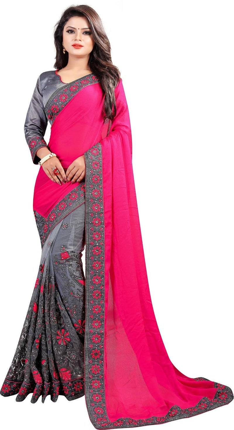 Jaffix Sarees for women - Women’s Trendy Embroidery Work in Lace Georgette Saree for Wedding Perfect for Festive and Special Occasions with Unstitched Blouse Piece (nena pink) - Image 2