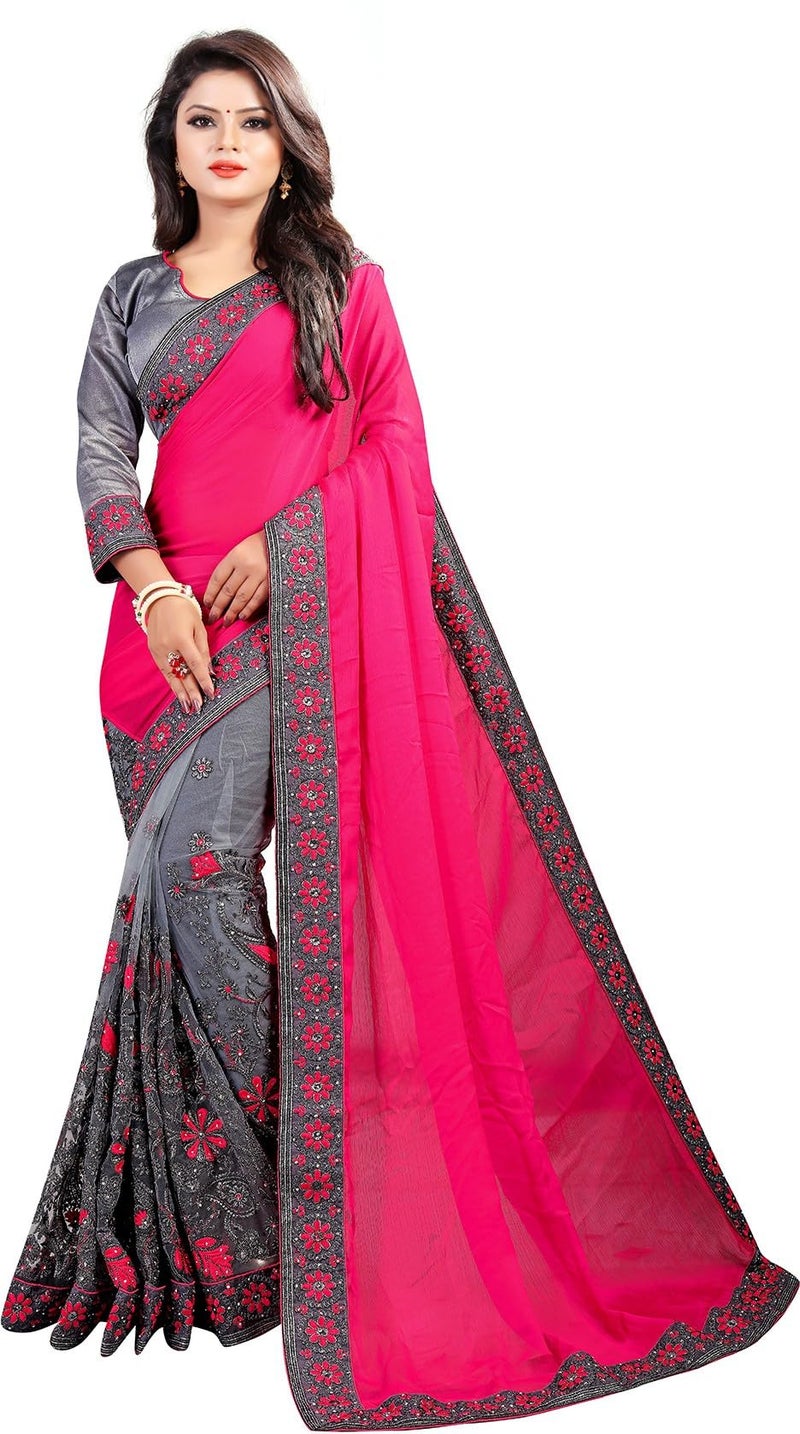 Jaffix Sarees for women - Women’s Trendy Embroidery Work in Lace Georgette Saree for Wedding Perfect for Festive and Special Occasions with Unstitched Blouse Piece (nena pink) - Image 3