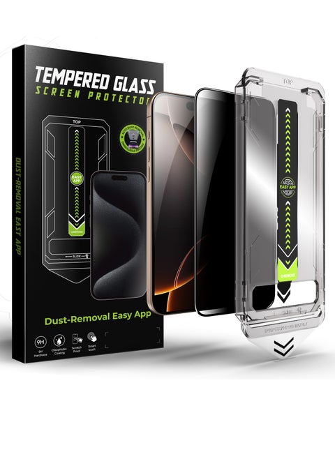 Privacy Screen Protector iPhone 15/16 Easy Installation, 9H Hardness, A++ Quality. Protect your screen from side views with premium privacy glass — clear from the front, hidden from the sides. Perfect for public use to keep personal data safe. Includes smart alignment frame for quick, precise, bubble-free installation. Made of durable 9H Asahi Japanese glass, anti-scratch, anti-dust, anti-fingerprint, and fully touch-sensitive with a sleek black edge.
