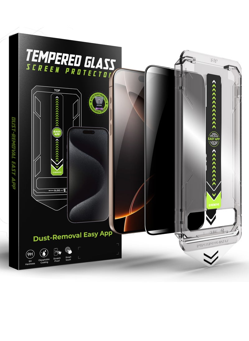 Privacy Screen Protector iPhone 15/16 Easy Installation, 9H Hardness, A++ Quality. Protect your screen from side views with premium privacy glass — clear from the front, hidden from the sides. Perfect for public use to keep personal data safe. Includes smart alignment frame for quick, precise, bubble-free installation. Made of durable 9H Asahi Japanese glass, anti-scratch, anti-dust, anti-fingerprint, and fully touch-sensitive with a sleek black edge.