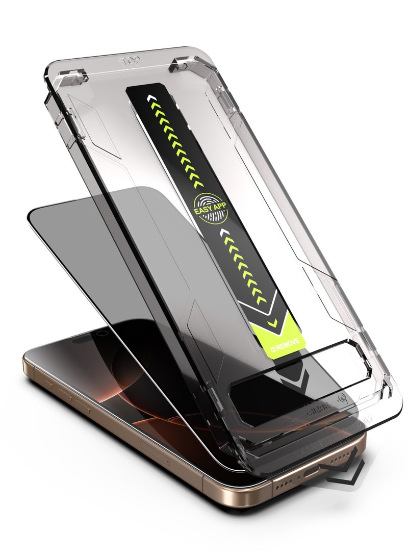 Privacy Screen Protector iPhone 15/16 Easy Installation, 9H Hardness, A++ Quality. Protect your screen from side views with premium privacy glass — clear from the front, hidden from the sides. Perfect for public use to keep personal data safe. Includes smart alignment frame for quick, precise, bubble-free installation. Made of durable 9H Asahi Japanese glass, anti-scratch, anti-dust, anti-fingerprint, and fully touch-sensitive with a sleek black edge.