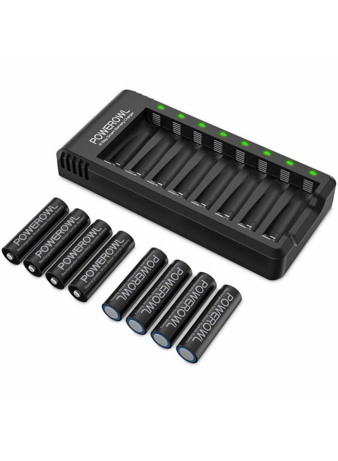 POWEROWL Rechargeable AA Batteries, 8 Pack of 2800mAh High Capacity Low Self Discharge Ni-MH Double A Batteries with Smart 8 Bay Battery Charger (USB Fast Charging, Independent Slot) - Image 1