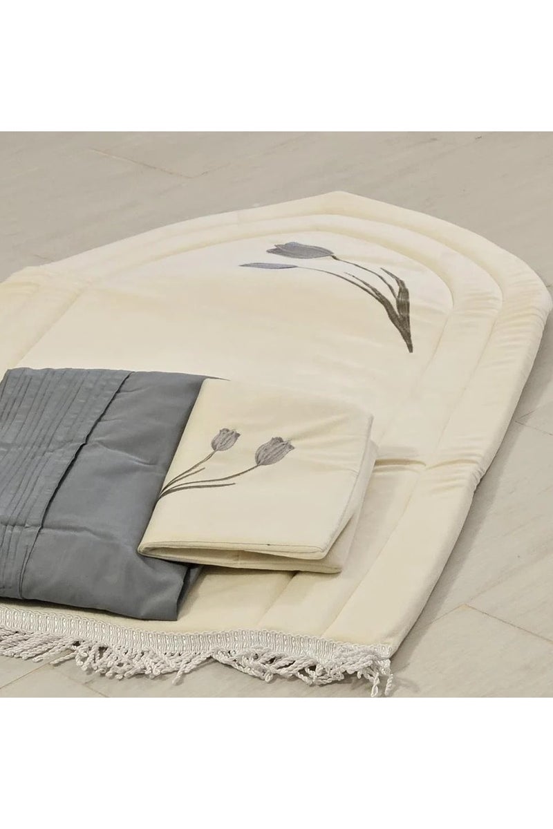 Ramadan Gifting Package Embroidered sponge prayer rug with Quran cover and prayer sheet - Sugar/Grey - Image 2