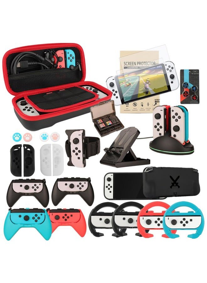 Arisll Accessories for Family Bundle Accessories for Nintendo Switch OLED, Carry Case& Screen Protector,4 Pack Joy Con Grips and Steering Wheels, Case Cover,Stand Mount,Joy Con Charger and MoreSwitch OLED - Image 1
