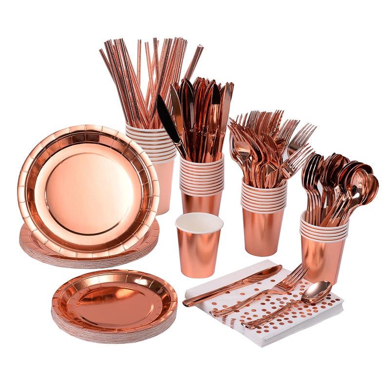 YAOSHENG 200 Pieces Solid Rose Gold Party Supplies  Rose Gold Paper Plates  Napkins Cups Silverware Serves 25 Sets for Wedding Bridal Shower Engagement Birthday Parties Rose gold