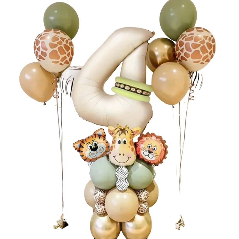 MANGO Safari Animal Balloon Set 40PCS  Jungle Theme Birthday Decorations with Lion Tiger Giraffe Foil Balloons  Number Balloons  Safari Party Supplies for Kids Boys Girls FOUR - Image 2