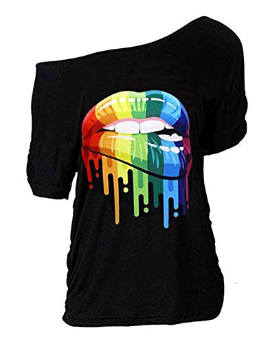 MAGICMK Women Casual Plus Size Lips Print Off Shoulder T-Shirt Tops (XL, Black+XXMOUTH) - Image 1