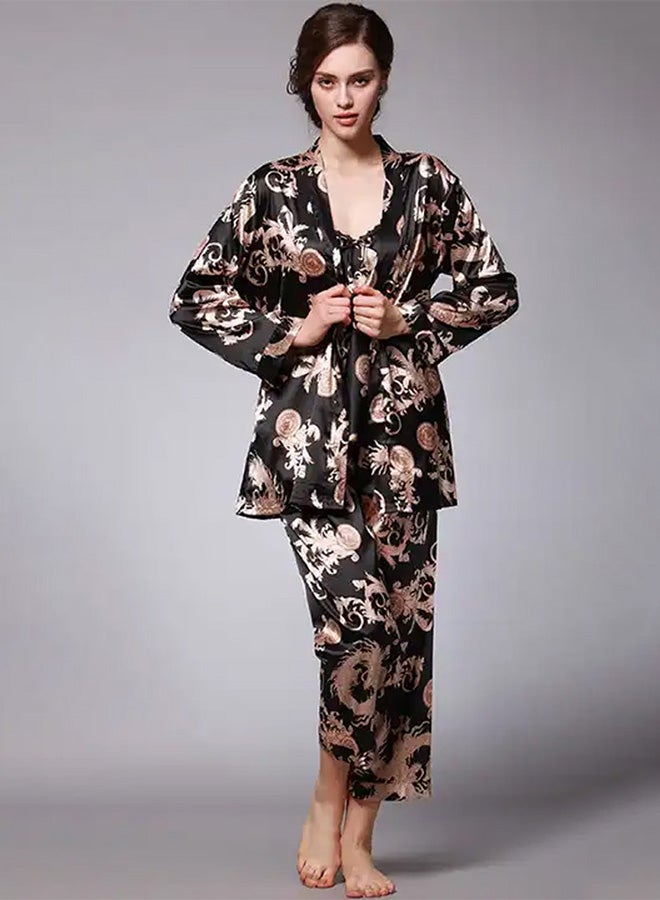 MARGOUN Bathrobe Women's XXL 3 Pieces Pajamas Set Comfortable Sleepwear Silk Lovers Nightgown Dressing Gown Dragon Pattern Black - Image 1