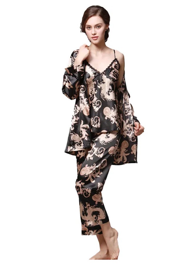 MARGOUN Bathrobe Women's XXL 3 Pieces Pajamas Set Comfortable Sleepwear Silk Lovers Nightgown Dressing Gown Dragon Pattern Black - Image 4