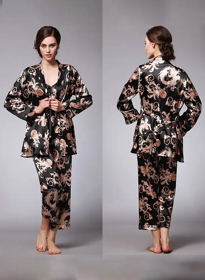 MARGOUN Bathrobe Women's XXL 3 Pieces Pajamas Set Comfortable Sleepwear Silk Lovers Nightgown Dressing Gown Dragon Pattern Black - Image 2