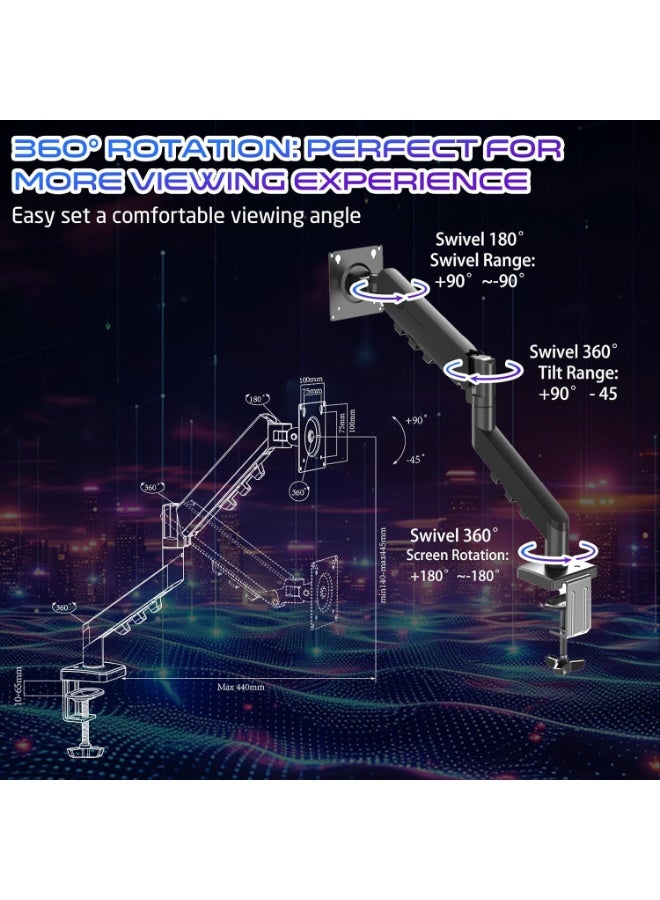 GAMEON GO-5500 Gas Spring Monitor Arm – Single Arm Mount for 17"-32" Monitors, Supports Up to 9kg, Full Motion Adjustment, VESA 75x75/100x100, Clamp/Grommet Base, Cable Management, Black Black - Image 2