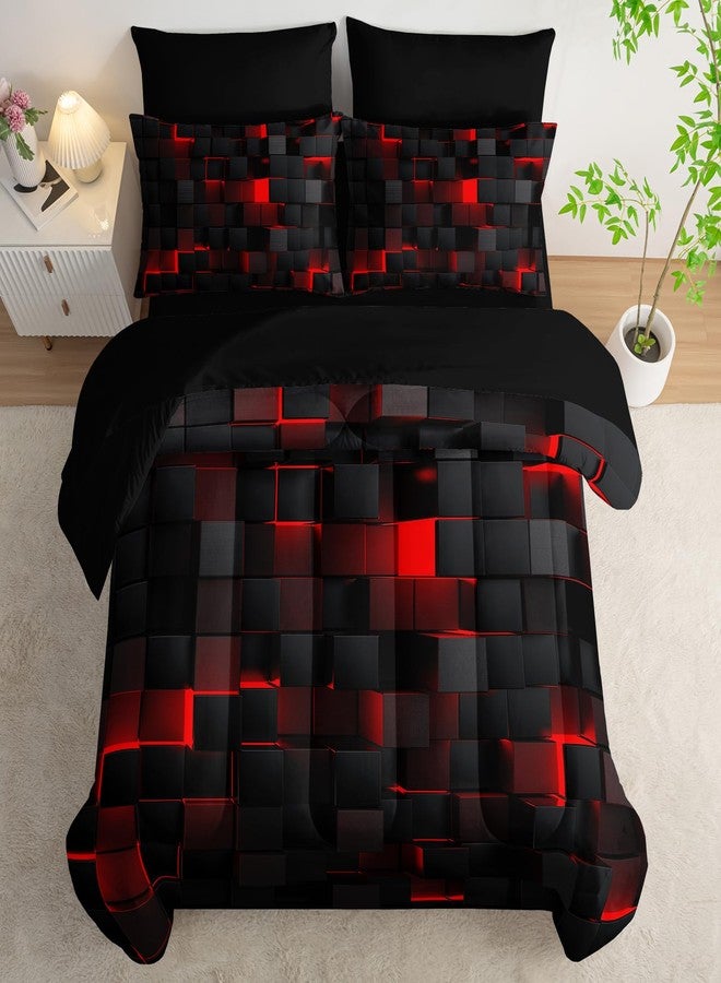 Nttopship Geometric Red Black Full Comforter Set,Light Honeycomb Bedding Set 7 Piece in A Bag,Bed Sheet Set Geometry Decor,Microfiber Lightweight All Season - Image 4