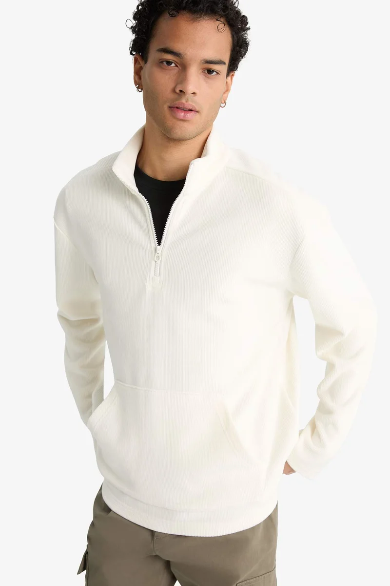 ديفاكتو Regular Fit Stand Collar Half Zippered Velvet Sweatshirt