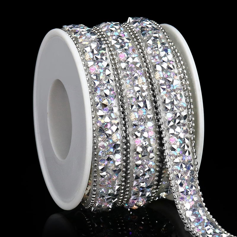 Dowarm 3 Yards Silver Rhinestone Ribbon Self Adhesive Crystal Tape Bling Diamond Sticker Glittery Strips for Crafts Wedding Decoration, Silver AB Color - Image 1