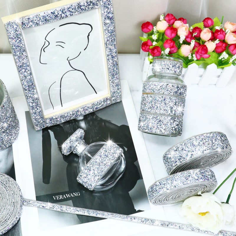 Dowarm 3 Yards Silver Rhinestone Ribbon Self Adhesive Crystal Tape Bling Diamond Sticker Glittery Strips for Crafts Wedding Decoration, Silver AB Color - Image 3