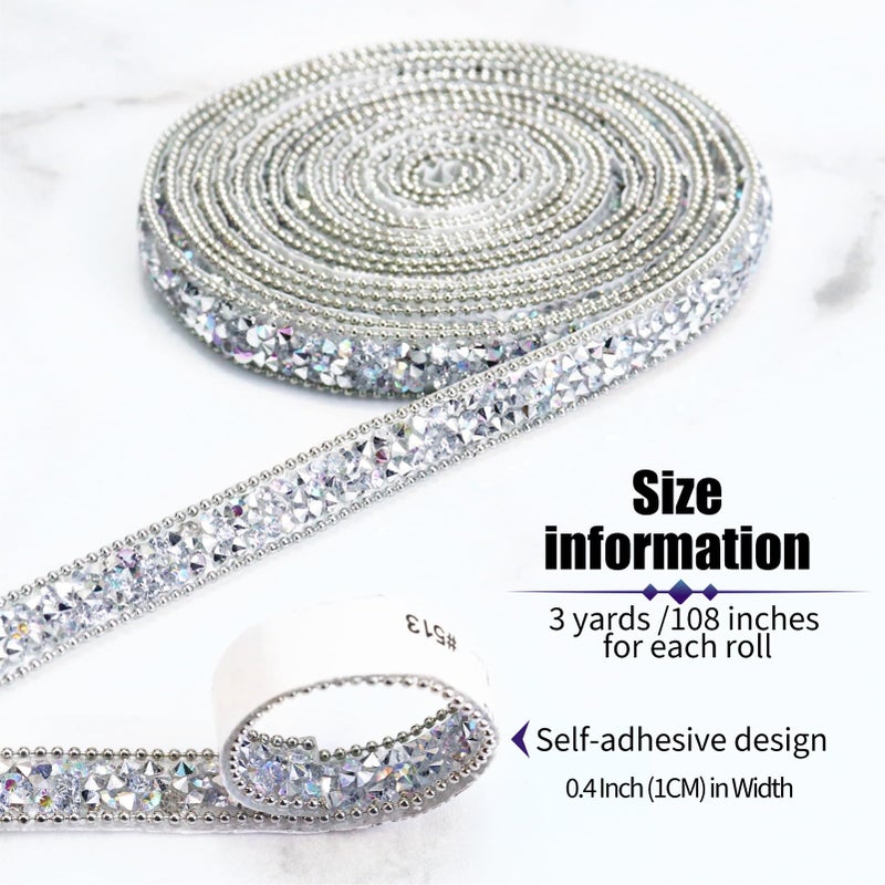 Dowarm 3 Yards Silver Rhinestone Ribbon Self Adhesive Crystal Tape Bling Diamond Sticker Glittery Strips for Crafts Wedding Decoration, Silver AB Color - Image 2