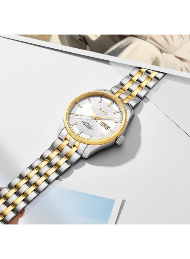 Fiyta Classic Series Dual Calendar Gold-tone Three-hand White Dial Business Men's Mechanical Watch With Leather Strap Gift Box Holiday Gift - Image 4