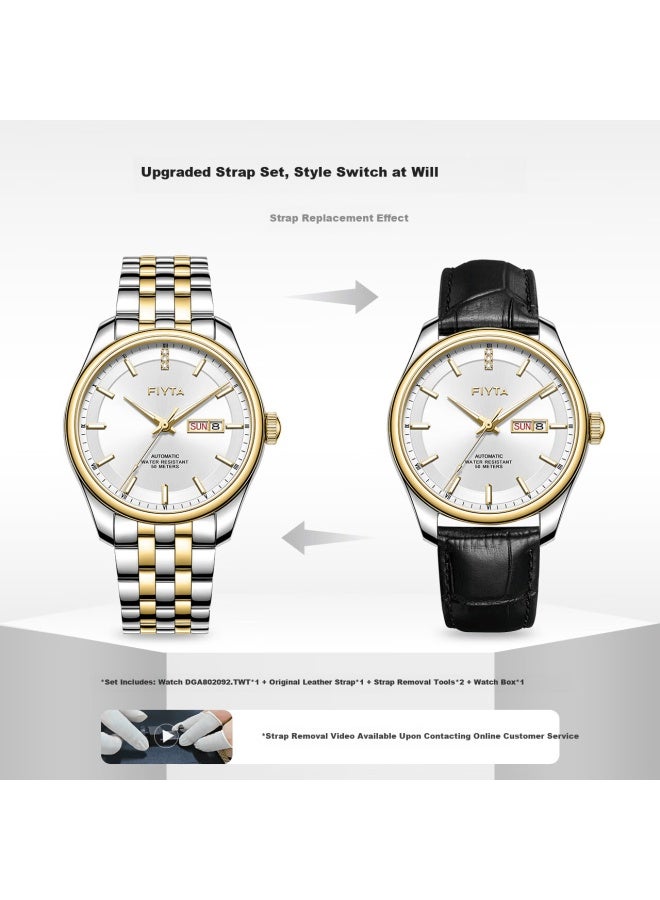 Fiyta Classic Series Dual Calendar Gold-tone Three-hand White Dial Business Men's Mechanical Watch With Leather Strap Gift Box Holiday Gift - Image 1