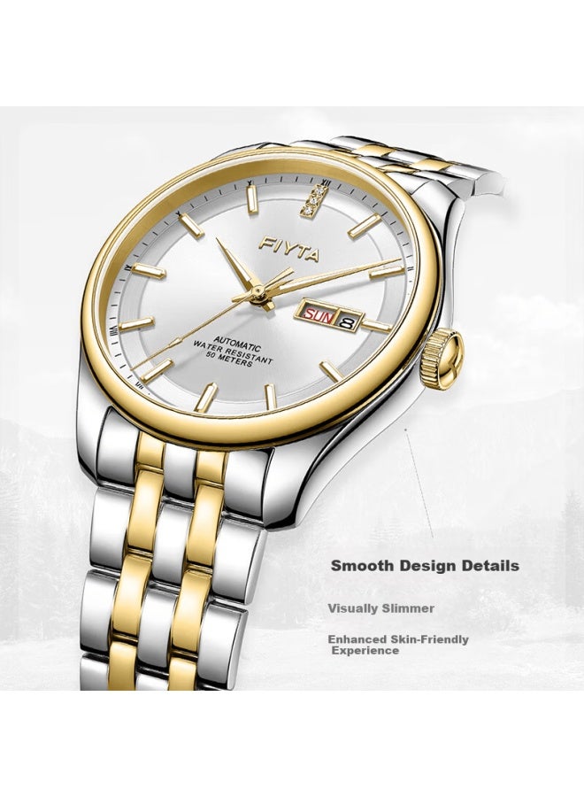 Fiyta Classic Series Dual Calendar Gold-tone Three-hand White Dial Business Men's Mechanical Watch With Leather Strap Gift Box Holiday Gift - Image 5