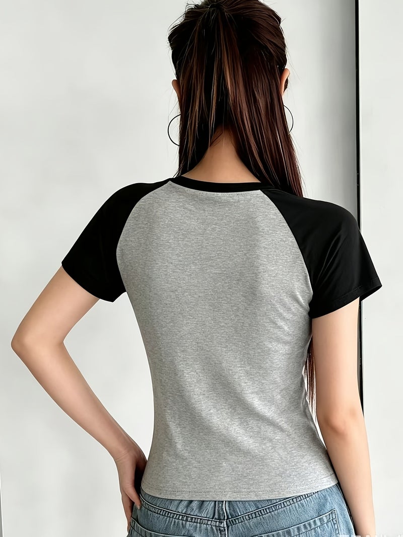 Summer Sexy Pure Desire Style Color Block European And American Hot Slim Short - Sleeved T - Shirt - Black + Grey / S - Image 3