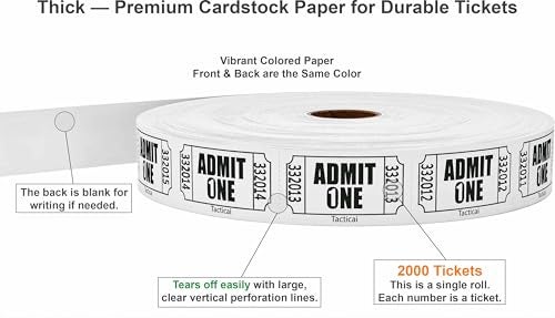 Tacticai 2000 Raffle Tickets, Admit One, Single Roll, Ticket for Events, Entry, Class Reward, Fundraiser & Prizes - White (1 of 8 Colors) - Image 2