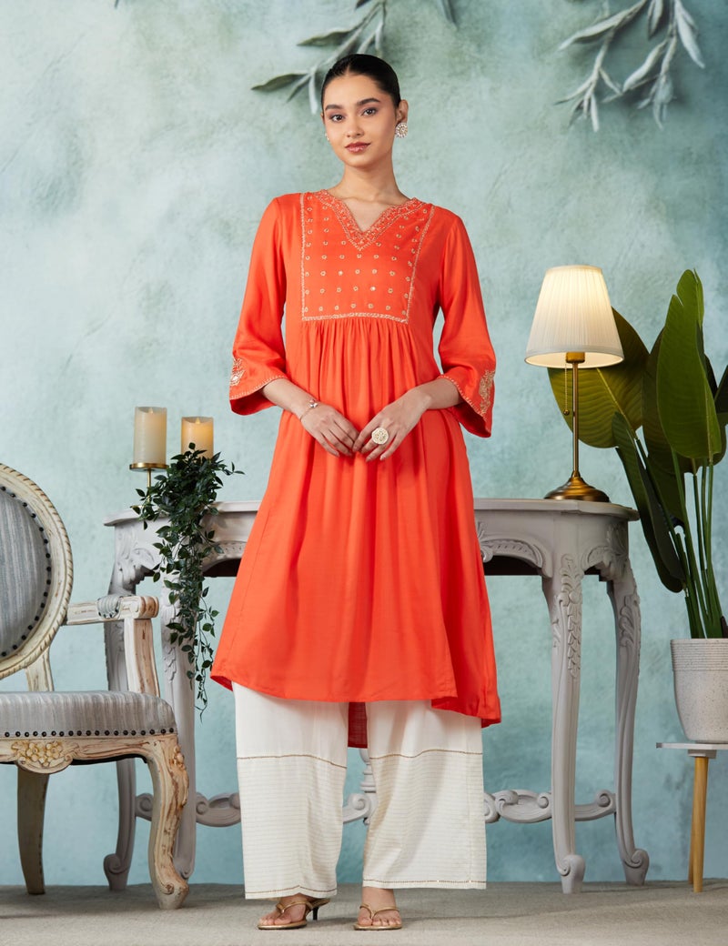 Biba Orange Rayon Straight Kurta - Image 2