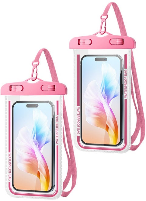 2-Pack Waterproof Phone Case – IPX8 Certified, 30M Underwater Pouch for Large Phones up to 7.2''; Compatible with iPhone 16/15/14/13 Series, for Samsung Galaxy S23/S24 Ultra/FE (Pink)