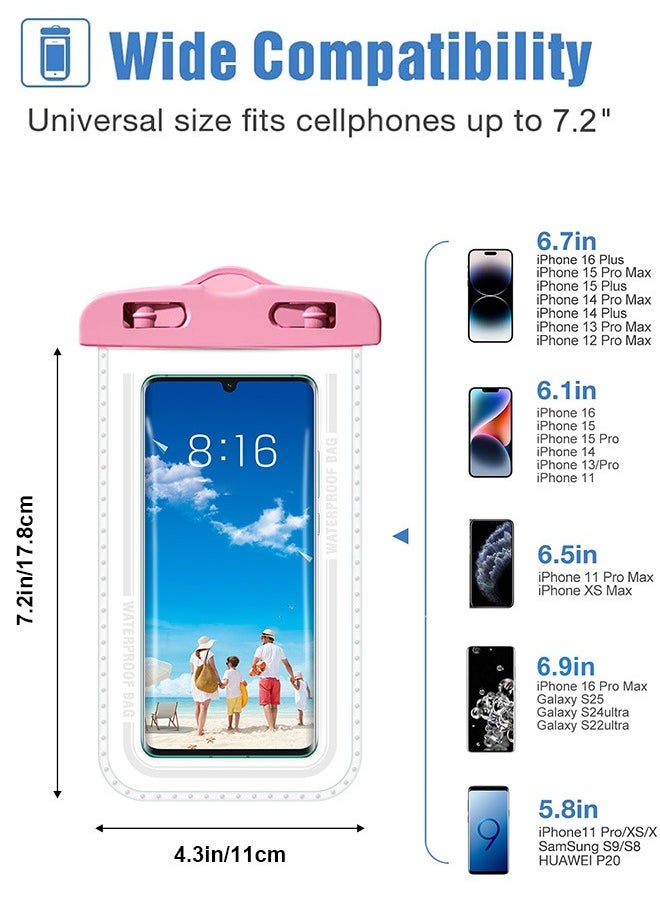 2-Pack Waterproof Phone Case – IPX8 Certified, 30M Underwater Pouch for Large Phones up to 7.2''; Compatible with iPhone 16/15/14/13 Series, for Samsung Galaxy S23/S24 Ultra/FE (Pink)