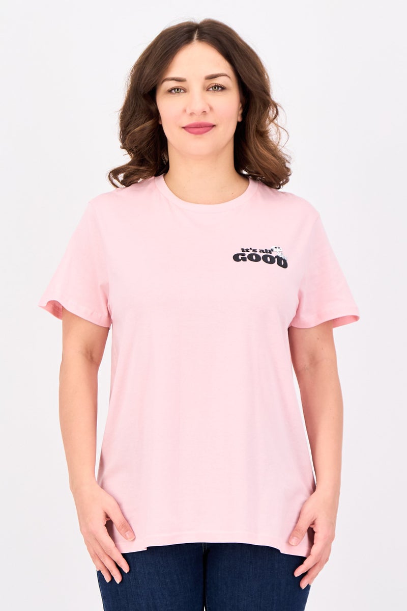 Peanuts Women Crew Neck Short Sleeve Graphic Print T-Shirt, Pink - Image 1