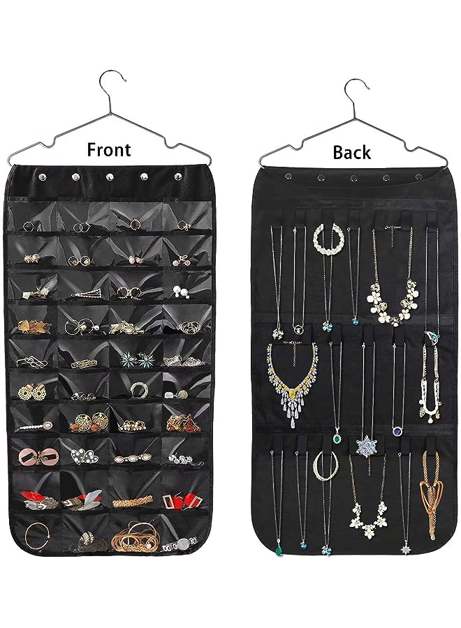 AMERTEER Hanging Jewelry Organizer,40 Clear PVC Pockets Wall Jewelry Storage with 20 Magic Tape Hook for Holding Jewelries(Black) - Image 1