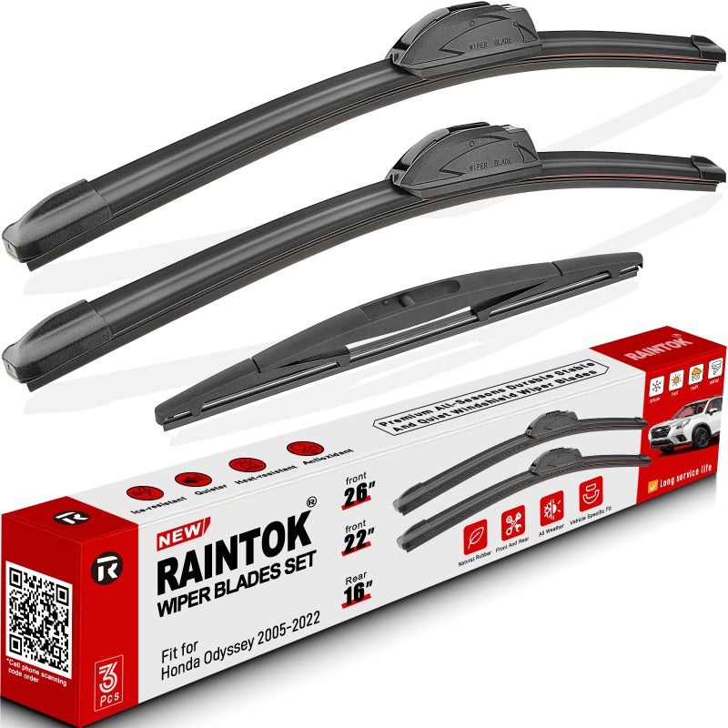 مجموعة شفرات مساحات الزجاج الأمامي RAINTOK بديل لسيارة هوندا أوديسي 2005-2022، بديل المعدات الأصلية، شفرات المساحات الأمامية والخلفية 262216، مجموعة من 3 UJ هوك