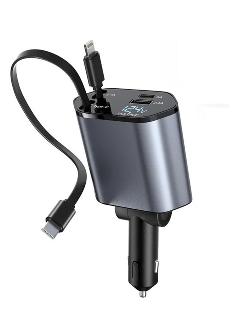 Retractable Car Charger 66W 4 in 1- Fast Car Charger With LED digital display - With Cable Type-C And Lightning  - Dark Grey - Image 1