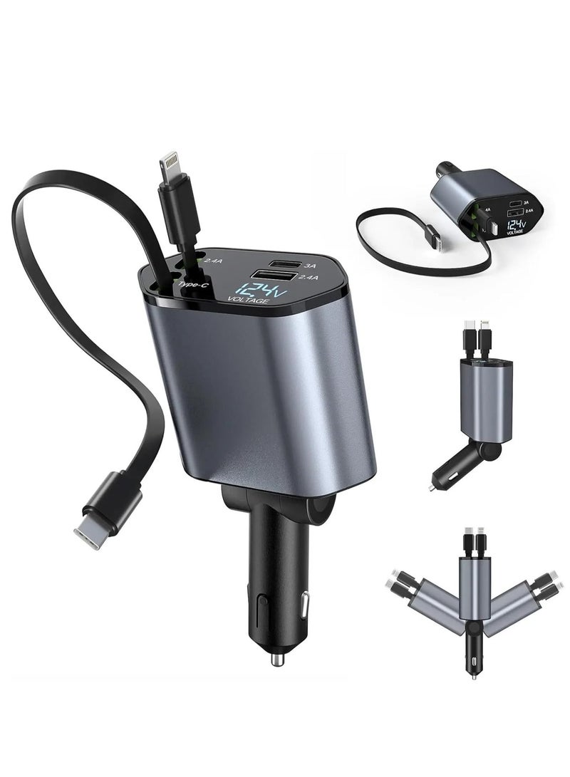 Retractable Car Charger 66W 4 in 1- Fast Car Charger With LED digital display - With Cable Type-C And Lightning  - Dark Grey - Image 2