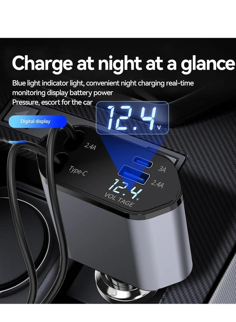 Retractable Car Charger 66W 4 in 1- Fast Car Charger With LED digital display - With Cable Type-C And Lightning  - Dark Grey - Image 3
