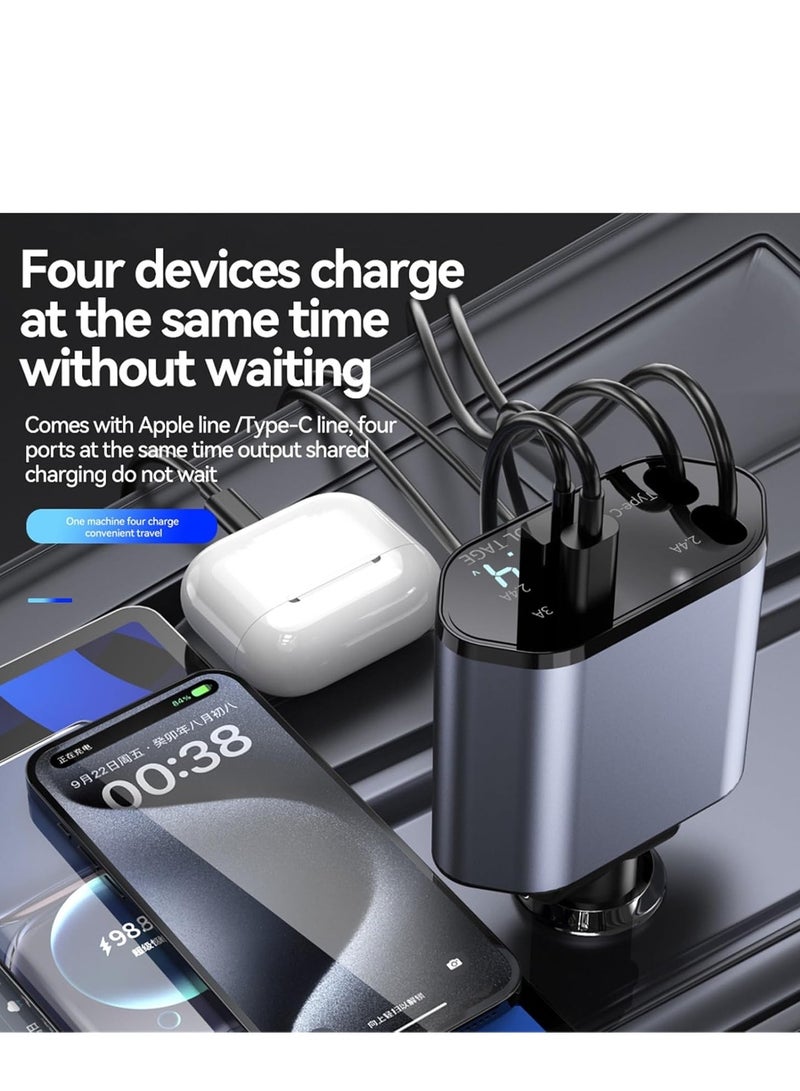 Retractable Car Charger 66W 4 in 1- Fast Car Charger With LED digital display - With Cable Type-C And Lightning  - Dark Grey - Image 4