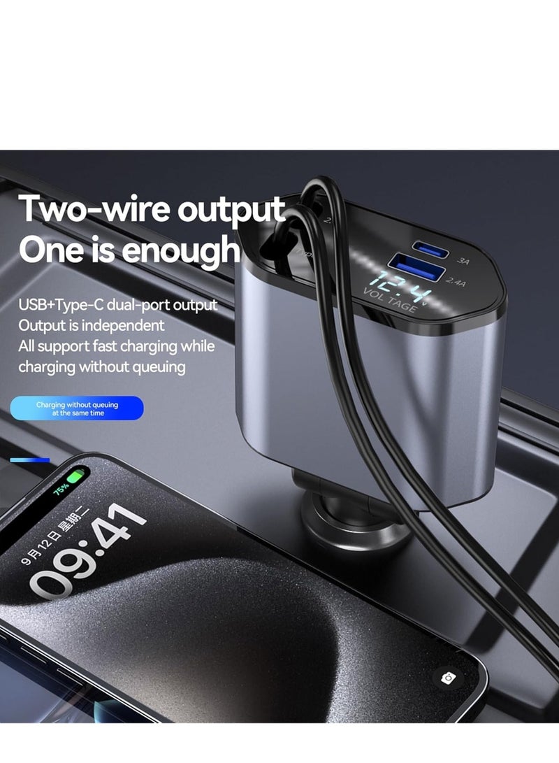 Retractable Car Charger 66W 4 in 1- Fast Car Charger With LED digital display - With Cable Type-C And Lightning  - Dark Grey - Image 5