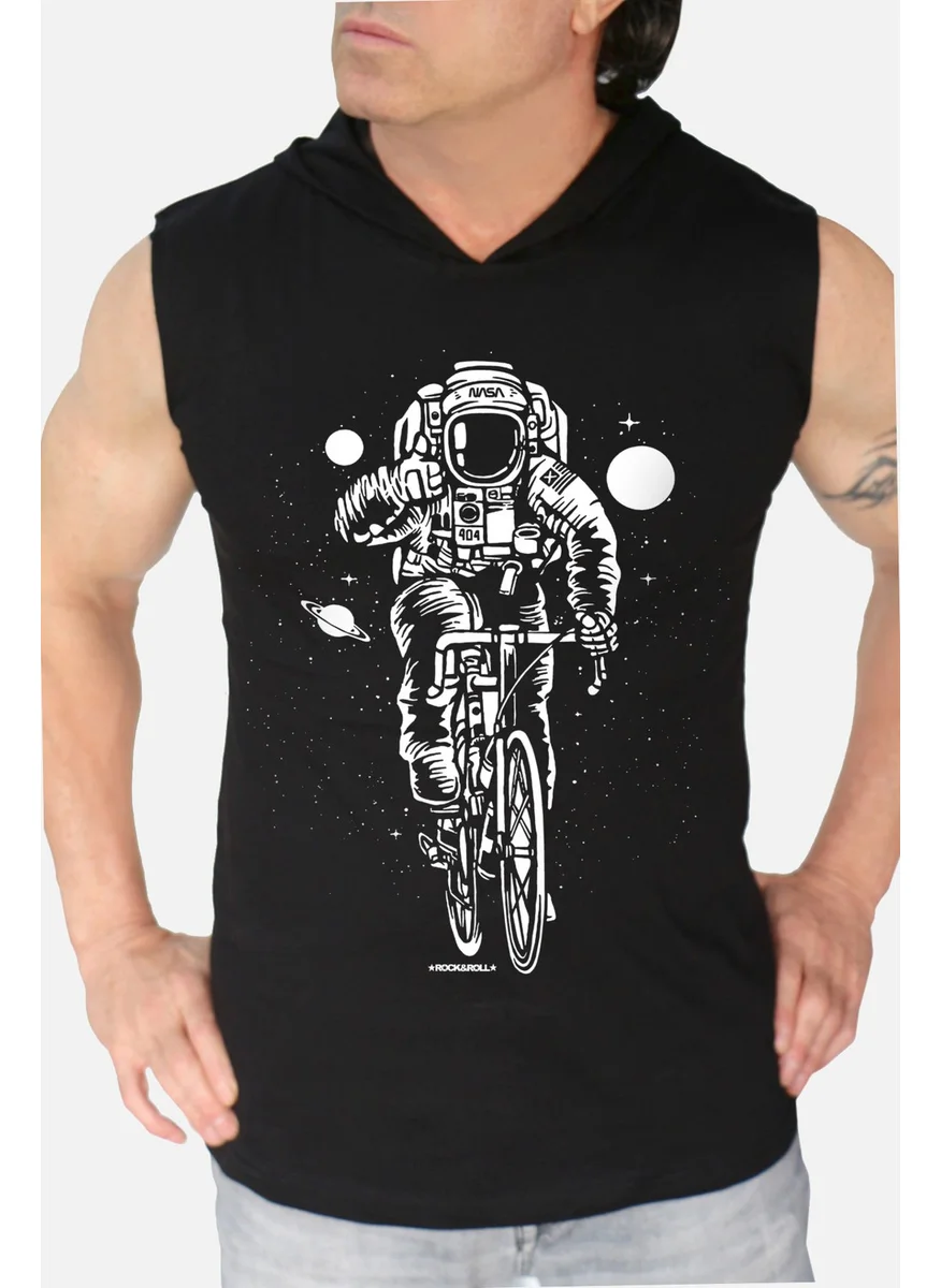 Rock&Roll Bicycle Astronaut Black Hooded Sleeveless T-Shirt