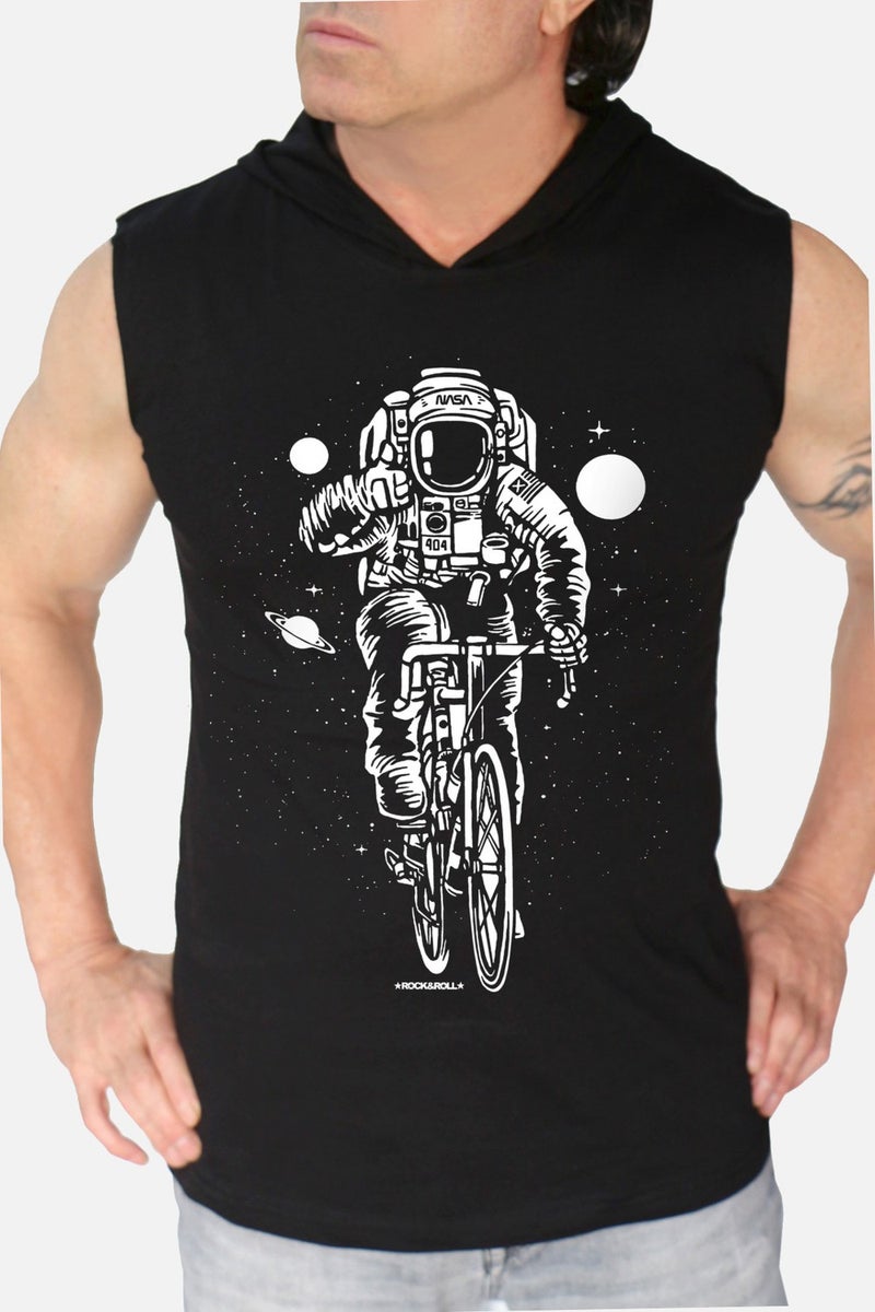 Bicycle Astronaut Black Hooded Sleeveless T-Shirt