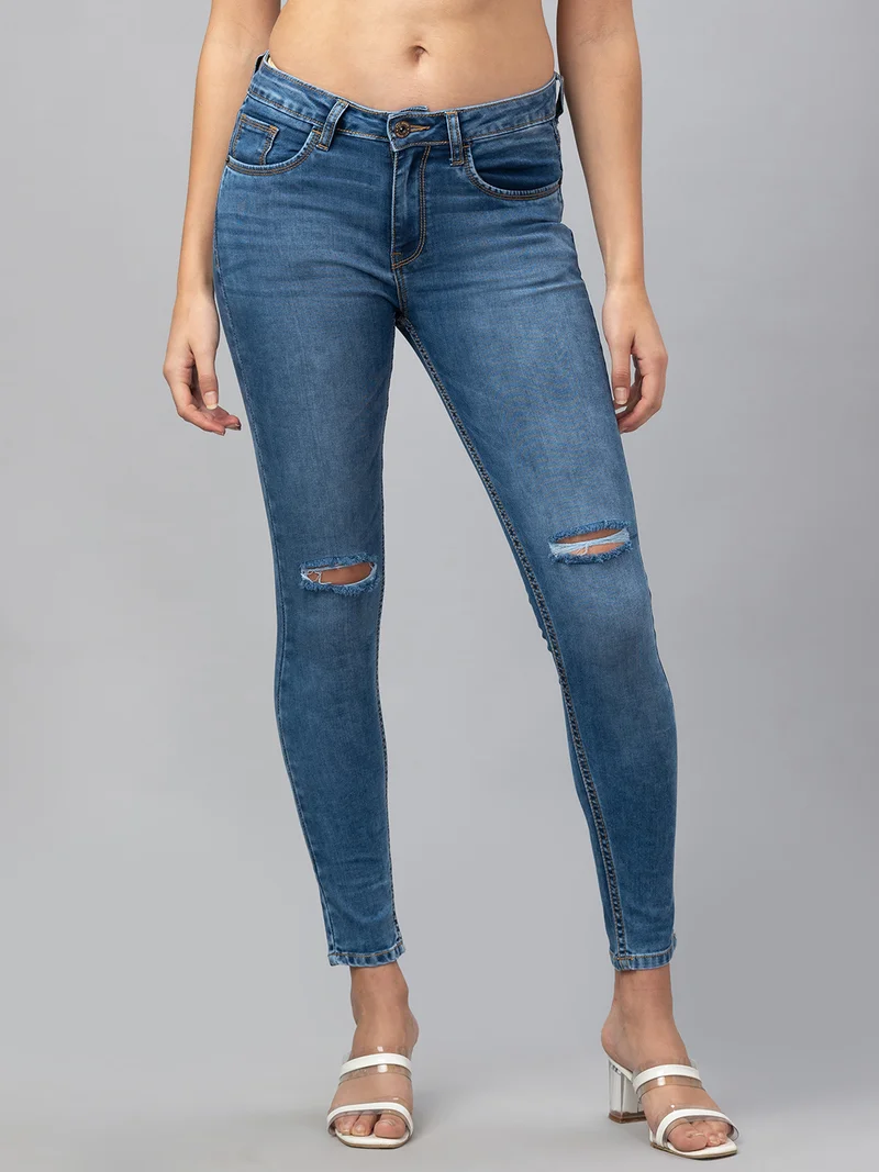 جلو باص جينز سكيني نسائي أزرق متوسط بخصر متوسط مطاطي