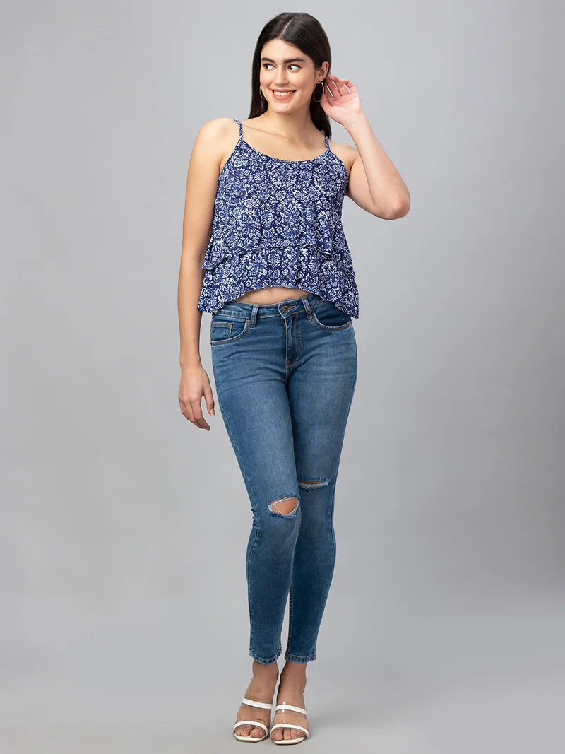 جلو باص جينز سكيني نسائي أزرق متوسط بخصر متوسط مطاطي