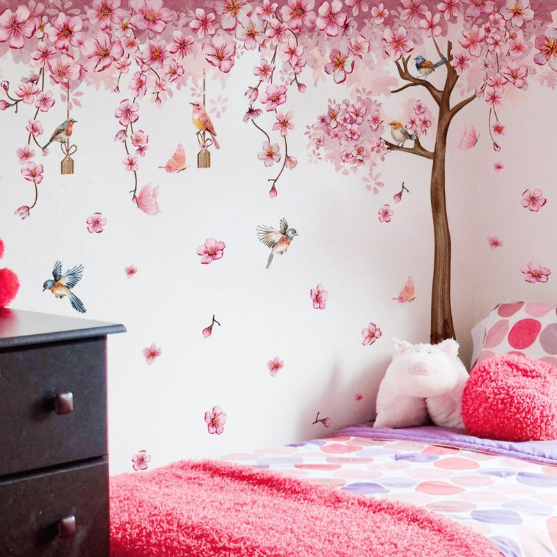 Mirabuy Pink Cherry Blossom Tree Wall Decals  Pink Floral Birds Butterflies Wall Stickers for Girls Bedroom Playroom Nursary  59x35 inch - Image 3