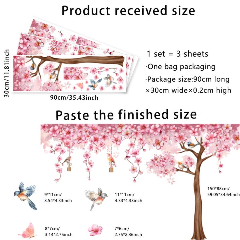 Mirabuy Pink Cherry Blossom Tree Wall Decals  Pink Floral Birds Butterflies Wall Stickers for Girls Bedroom Playroom Nursary  59x35 inch - Image 2