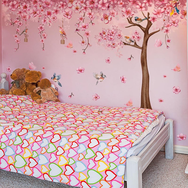 Mirabuy Pink Cherry Blossom Tree Wall Decals  Pink Floral Birds Butterflies Wall Stickers for Girls Bedroom Playroom Nursary  59x35 inch - Image 4