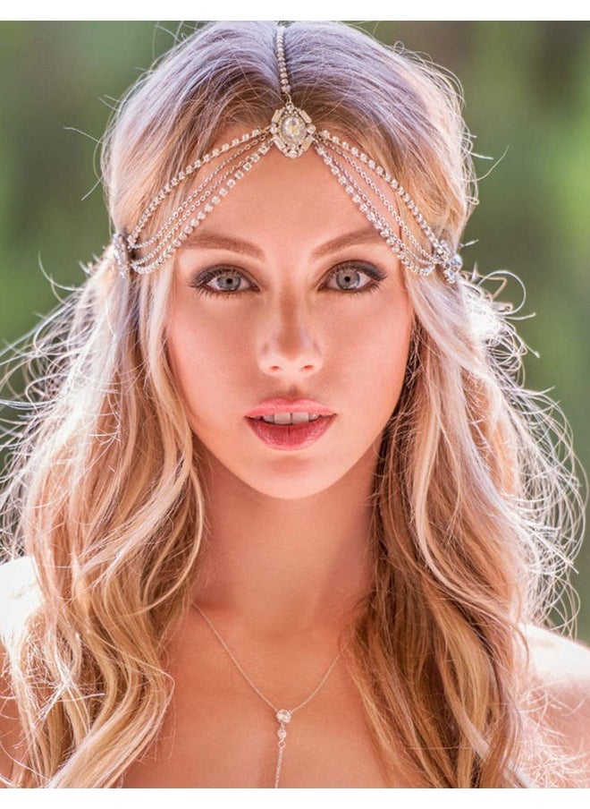 Missgrace - Women Dainty Bohemian Rhinestones Gold Silver Head Chain Hair Accessories For Bridal And Girls (Gold) - Image 1