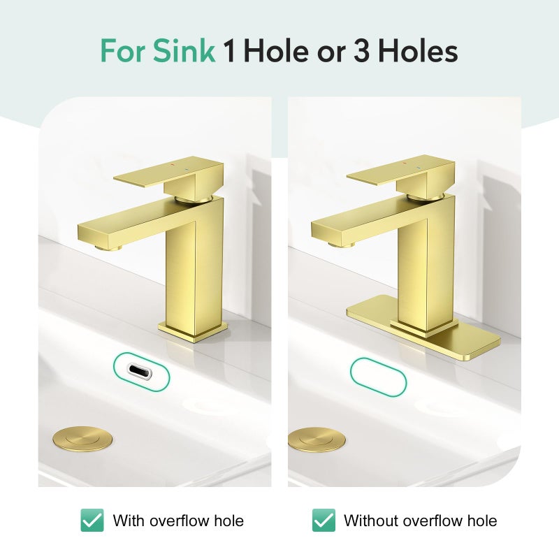 Faustina Brushed Gold Bathroom Faucet, Single Handle Stainless Steel Gold Bathroom Vanity Sink Faucet with Metal Pop-Up Drain and Deck Plate for 1 or 3 Hole - Image 5